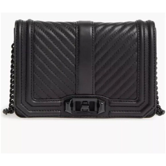 Rebecca Minkoff Chevron Quilted Small Love Crossbody Bag Black Leather - Picture 1 of 7